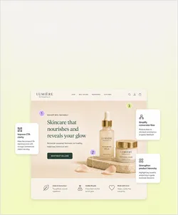 Un site web pour LUMIÈRE Botanicals est affiché, avec une image principale de produits de soin de la peau et trois suggestions d'amélioration. La première suggestion est « Améliorer la clarté des CTA », la deuxième « Simplifier le flux de conversion », et la troisième « Renforcer la hiérarchie des produits ».