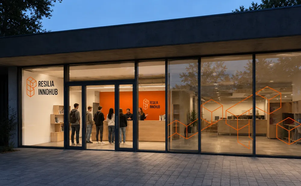 Exterior view of Resilia InnoHub with large glass windows showing people inside.