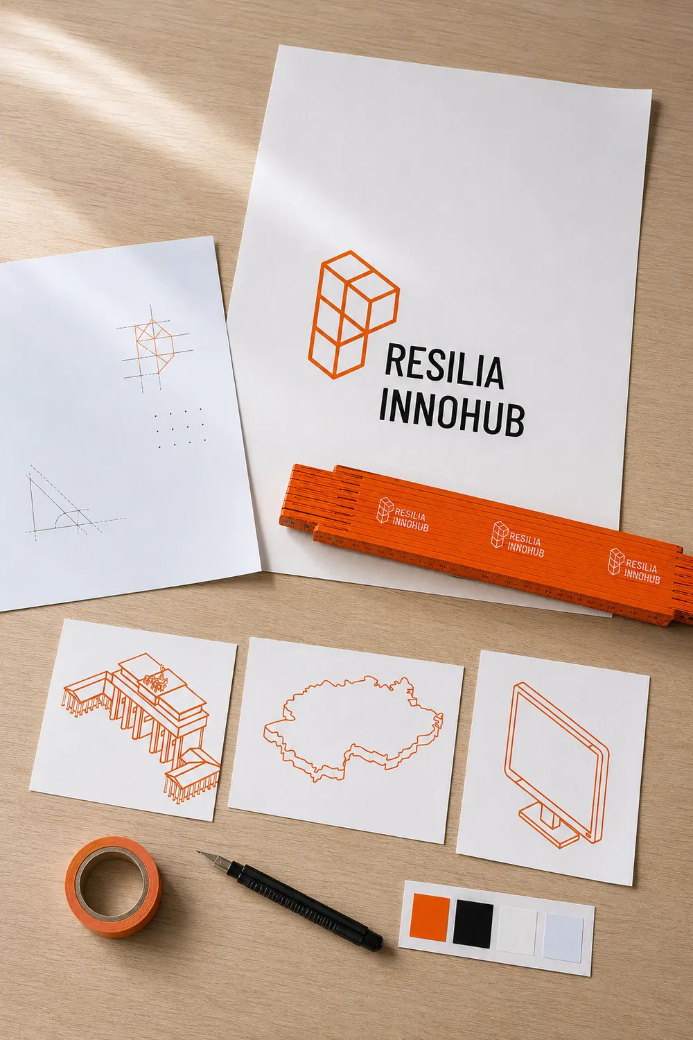 Flat lay of branding materials featuring Resilia Innohub logo, geometric designs, a folding ruler, and color swatches