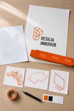 Flat lay of branding materials featuring Resilia Innohub logo, geometric designs, a folding ruler, and color swatches