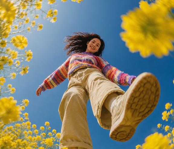 Frau in gestreiftem Pullover und beigen Hosen, von unten fotografiert, steht in einem Blumenfeld mit gelben Blüten unter blauem Himmel.