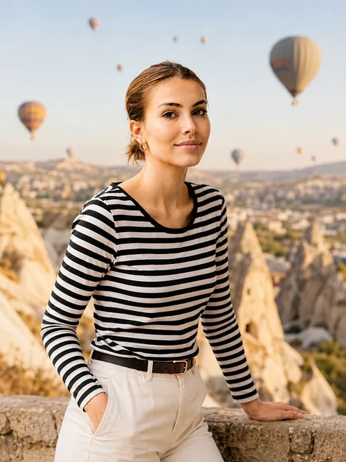 Woman in a black and white striped top, standing in front of a landscape with hot air balloons and rock formations in the background.