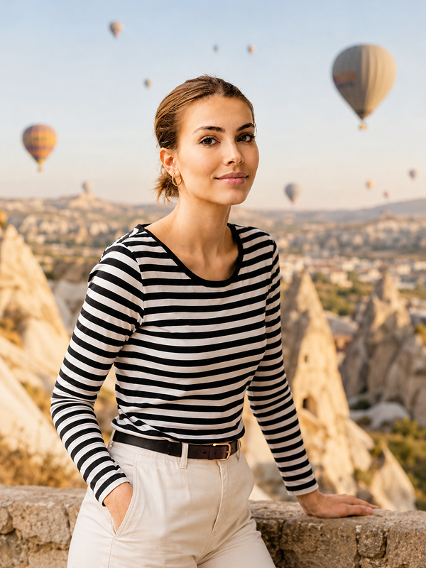 Frau in schwarz-weiß gestreiftem Oberteil, stehend vor einer Landschaft mit Heißluftballons und Felsformationen im Hintergrund.