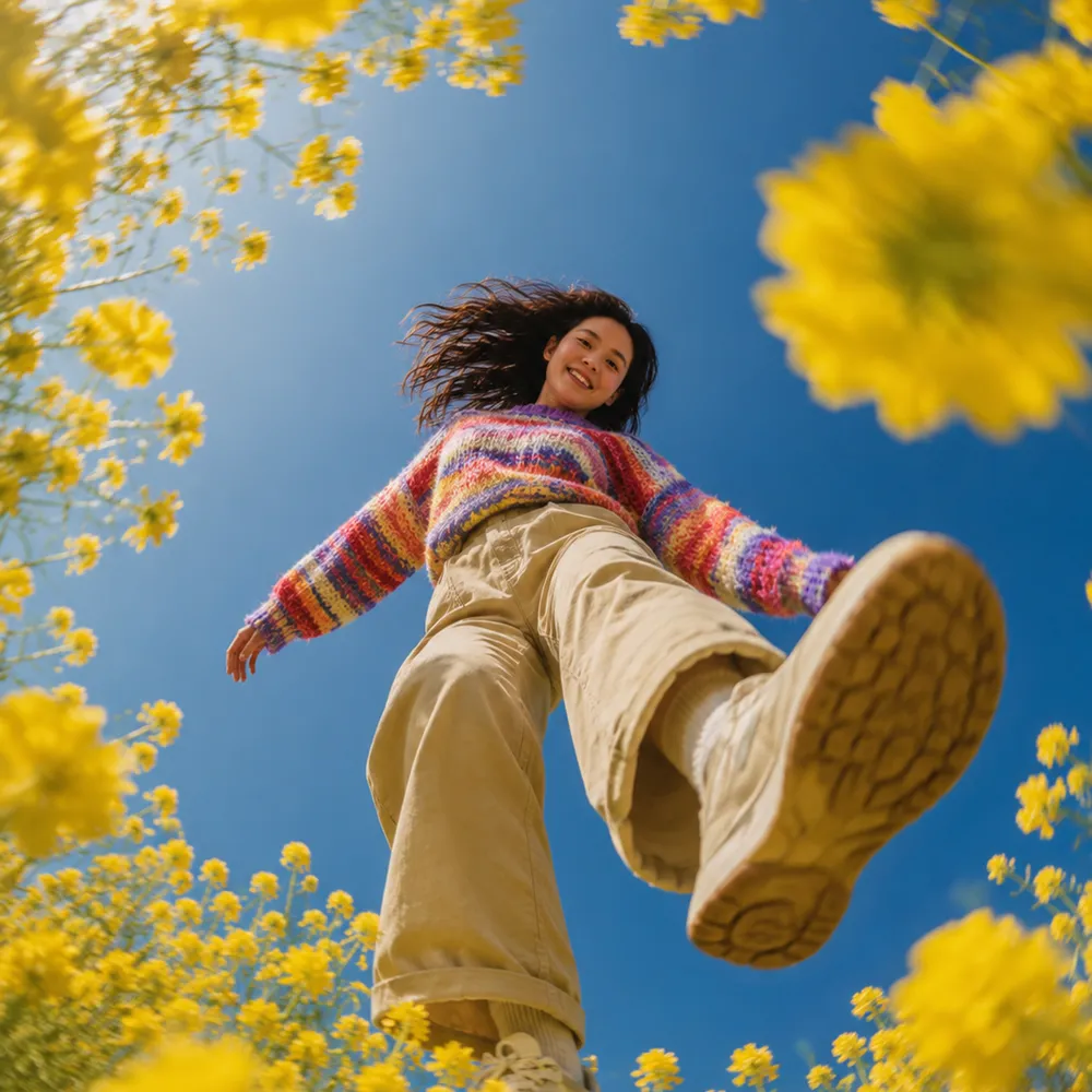 Woman with colorful sweater and beige pants walks through a yellow flower field under a blue sky.