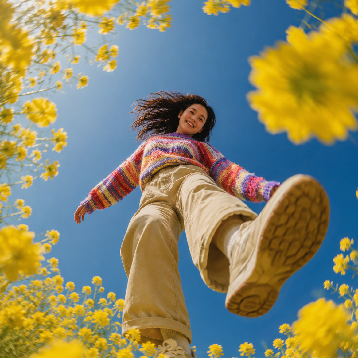 Frau mit buntem Pullover und beiger Hose spaziert durch gelbes Blumenfeld unter blauem Himmel.