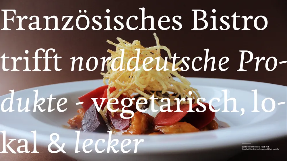 Gourmet dish with text overlay in German.