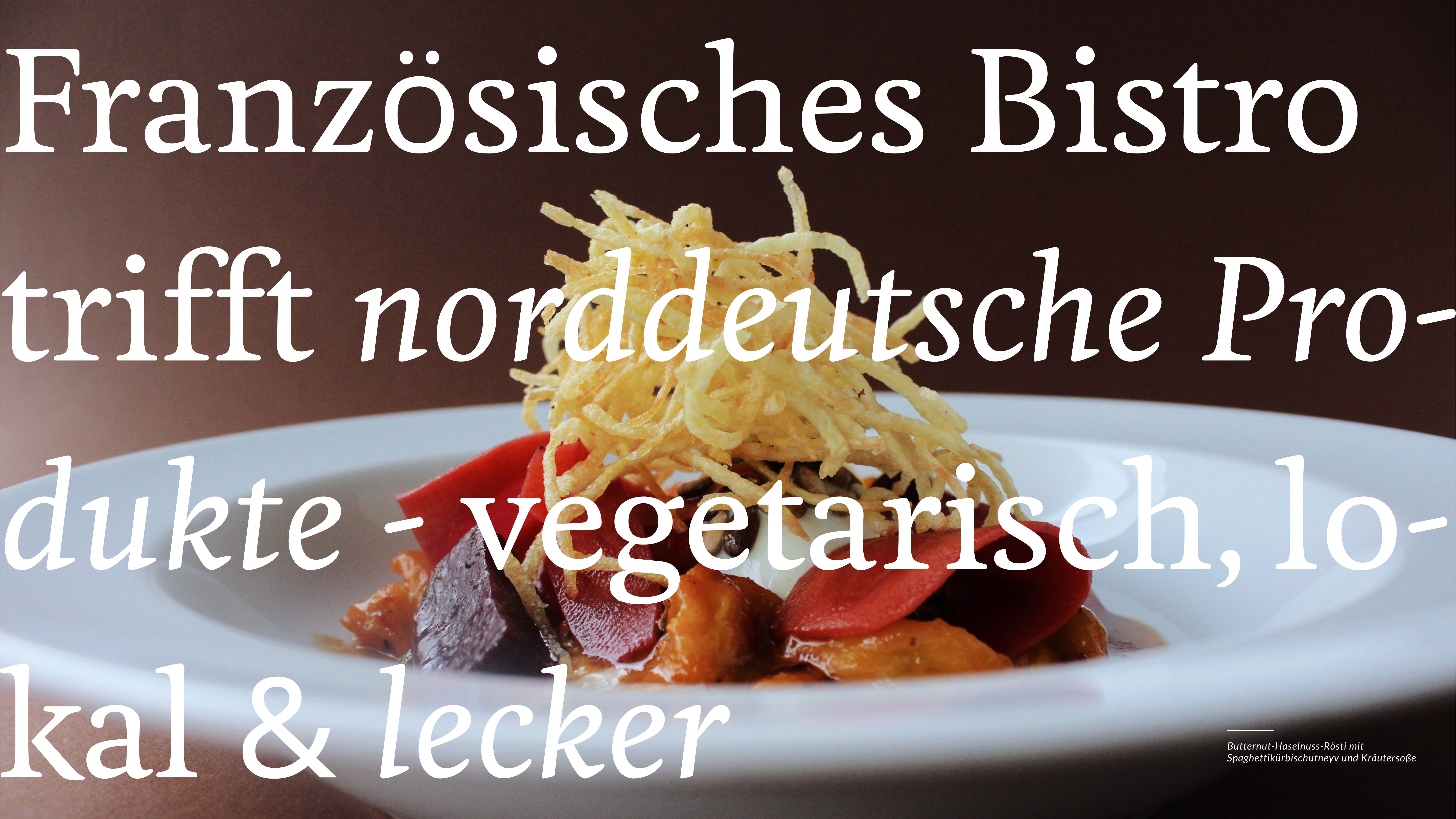 Gourmet dish with text overlay in German.