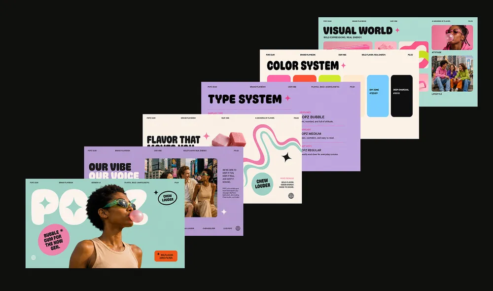 Graphic design layout showcasing multiple colorful pages with themes like 'Type System', 'Visual World', and 'Flavor That Louder'. Each page features bold text, vibrant colors, and images of people enjoying bubble gum.
