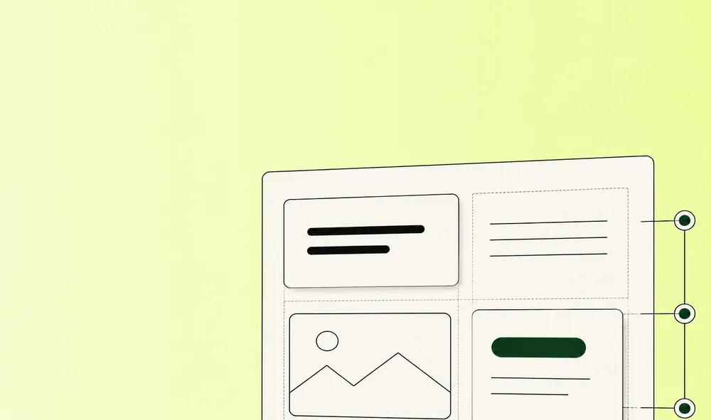 Graphic of a minimalistic webpage layout on a light green background. The layout includes text blocks, an image placeholder, and a button.