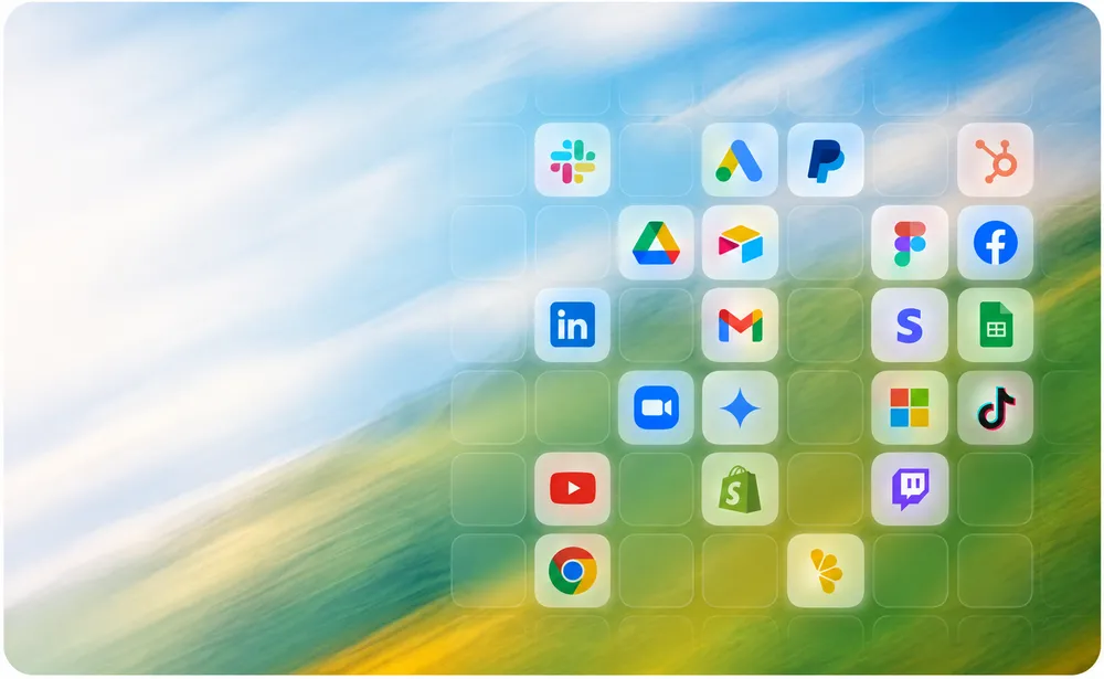 흐릿한 다채로운 배경에 Slack, Google Drive, LinkedIn, YouTube, Chrome 등 앱 아이콘이 격자 형태로 배치되어 있습니다.