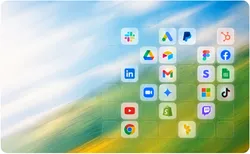 ぼかしたカラフルな背景に、Slack、Google Drive、LinkedIn、YouTube、Chromeなどのアプリアイコンが並んでいます。