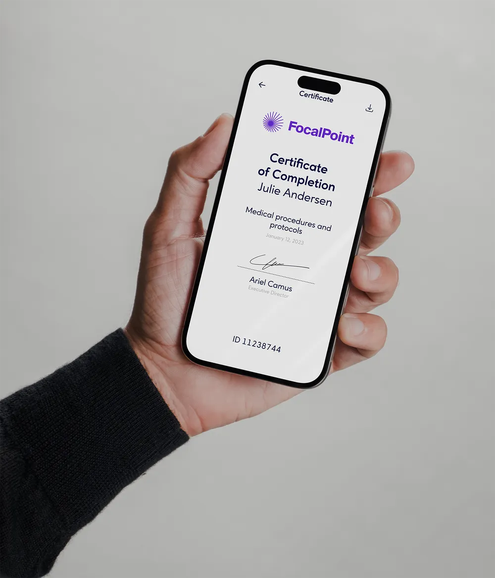 Hand holding a smartphone displaying a digital certificate.