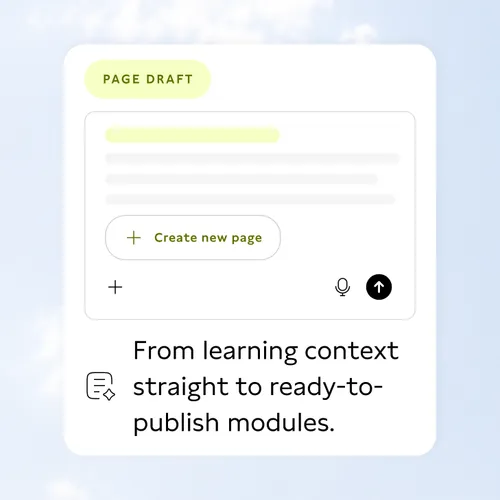 ページの下書きデザインを表示した画面です。'Create new page'ボタンが強調表示され、公開可能なモジュールの作成について説明されています。