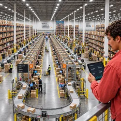 Interior of a large warehouse with tall shelves filled with boxes. Workers in safety vests are visible along aisles and near conveyor belts. A person in the foreground holds a tablet with operations data.