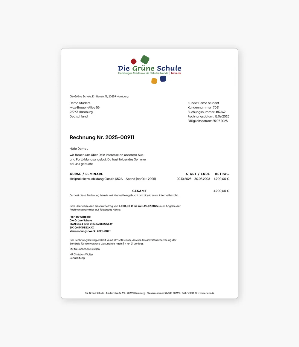 Invoice from Die Grüne Schule with payment details.