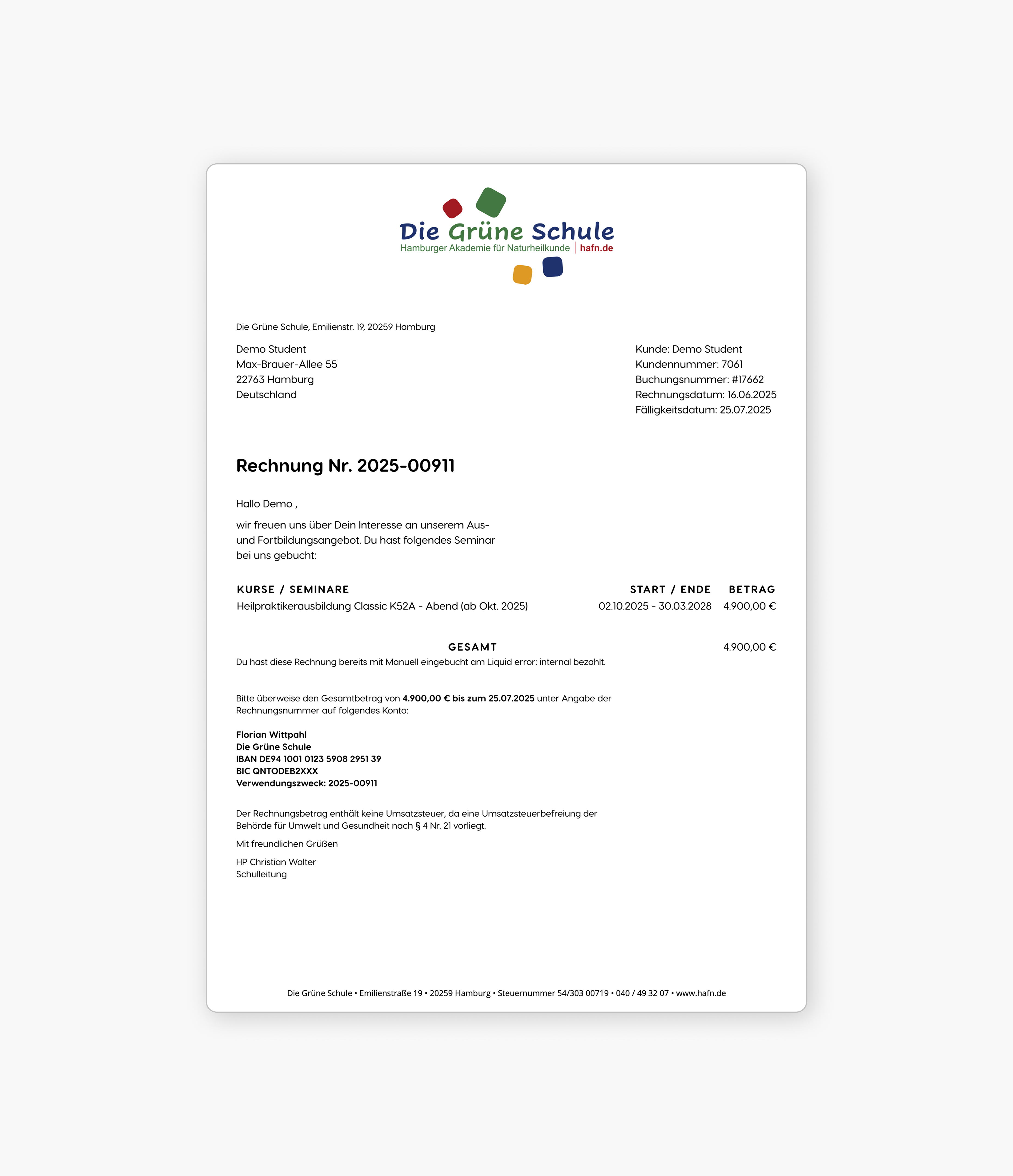 Invoice from Die Grüne Schule with payment details.