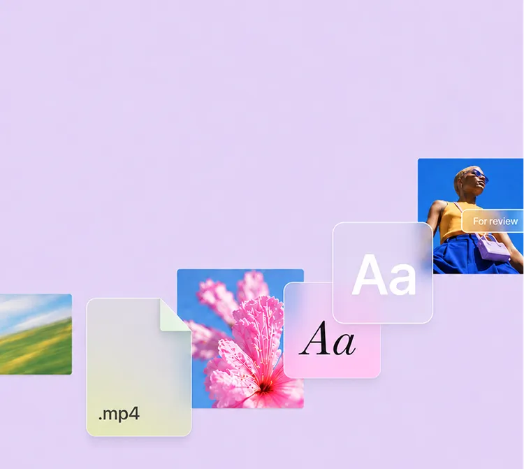 Creative project files, visual assets, and feedback cards on a purple background.