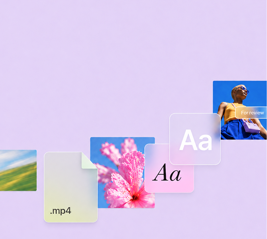 Kreative Projektdateien, visuelle Assets und Feedback-Karten auf lilafarbenem Hintergrund.