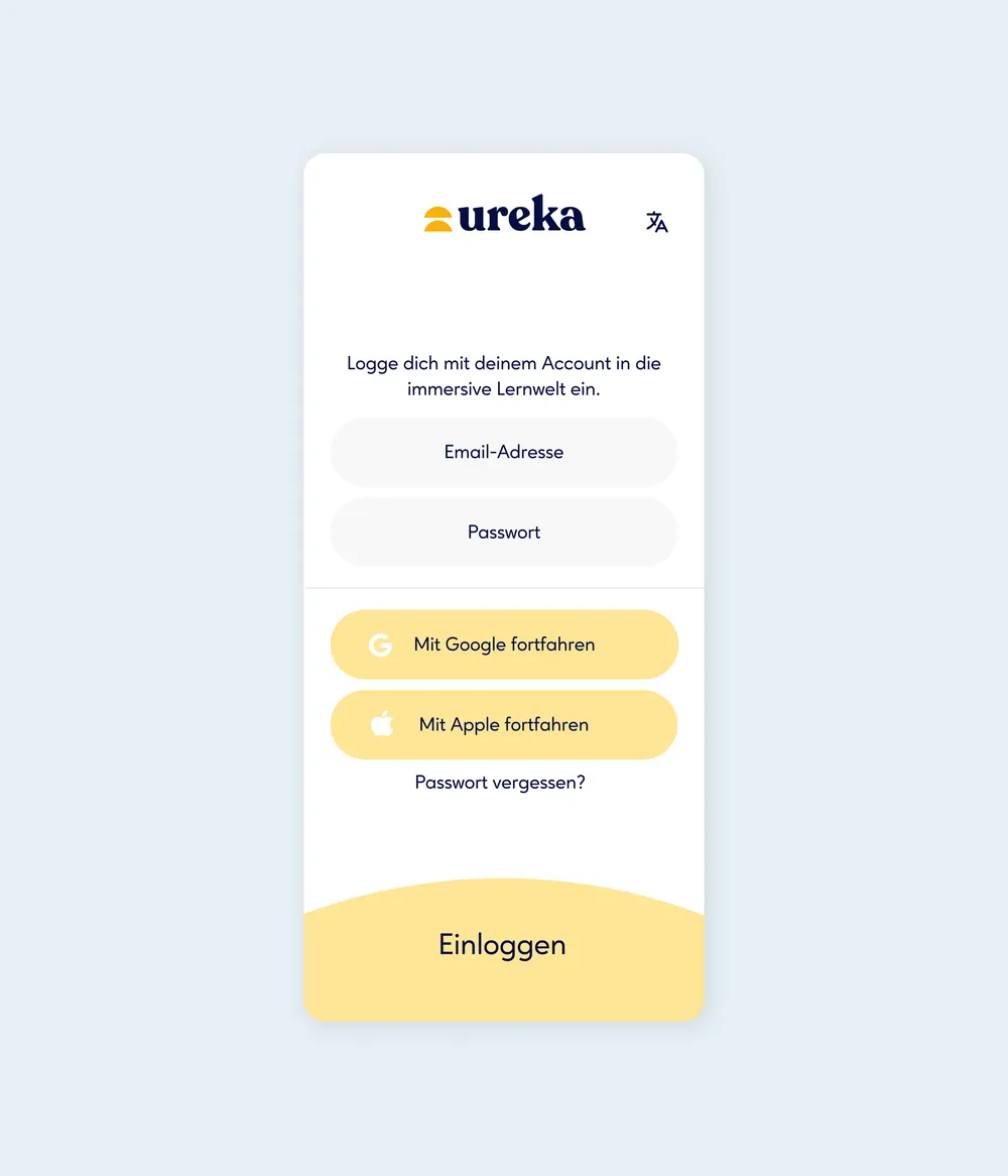 Login screen for a learning platform with options to sign in using email, Google, or Apple.
