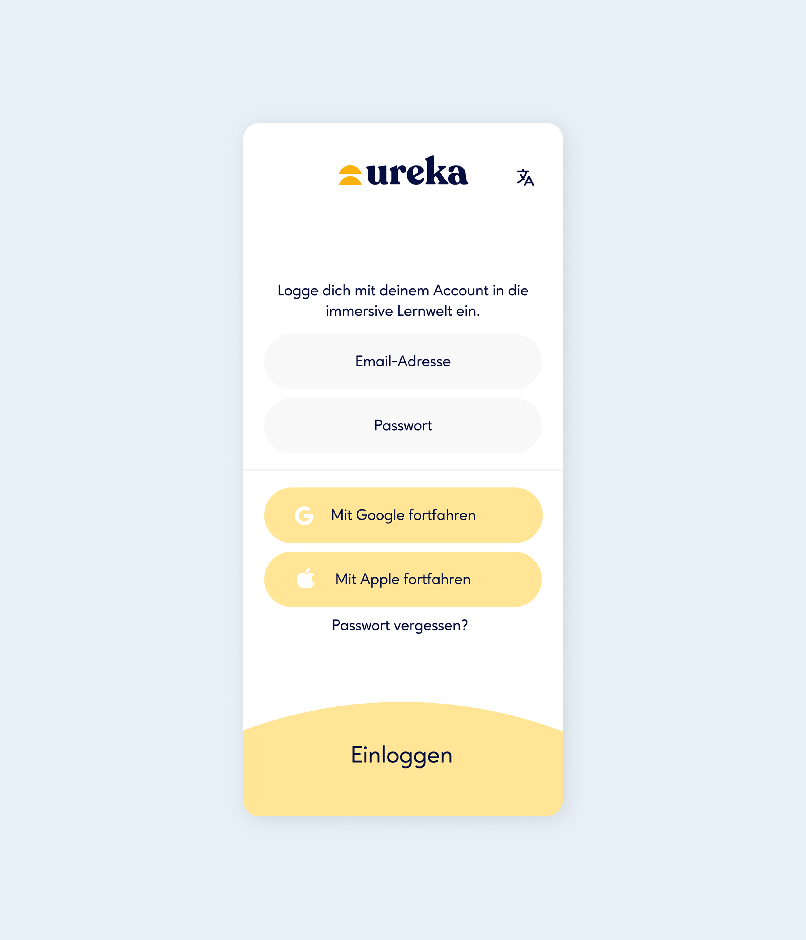 Login screen for a learning platform with options to sign in using email, Google, or Apple.