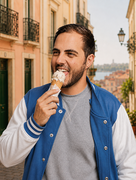 Man eating ice cream on a city street.