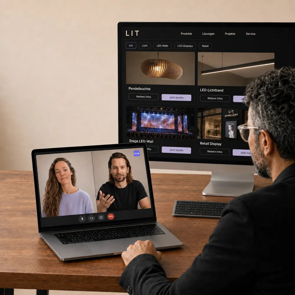 Man in an office setting participating in a video call on his laptop, with a website displayed on a larger monitor beside him.