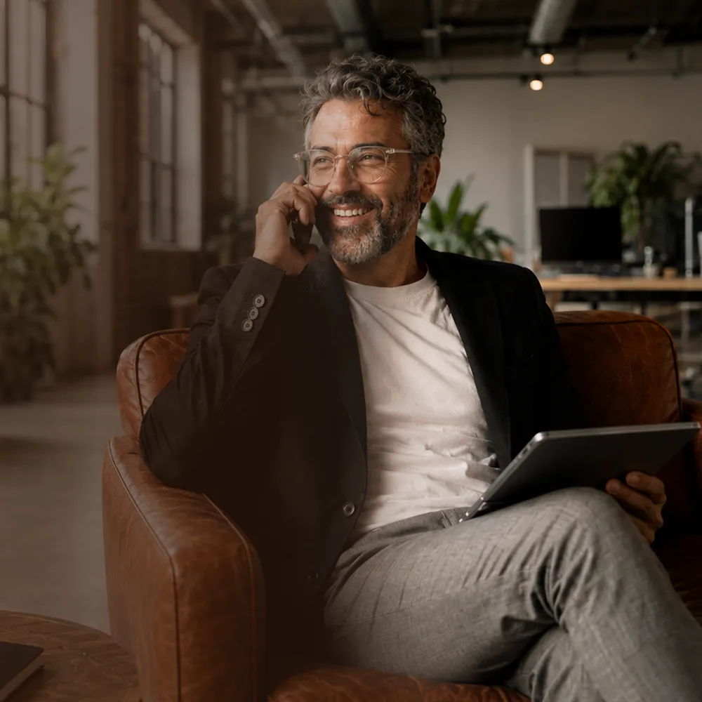 Man with gray hair and beard, wearing glasses, seated in a leather chair, talking on a smartphone and holding a tablet, in a modern office setting.