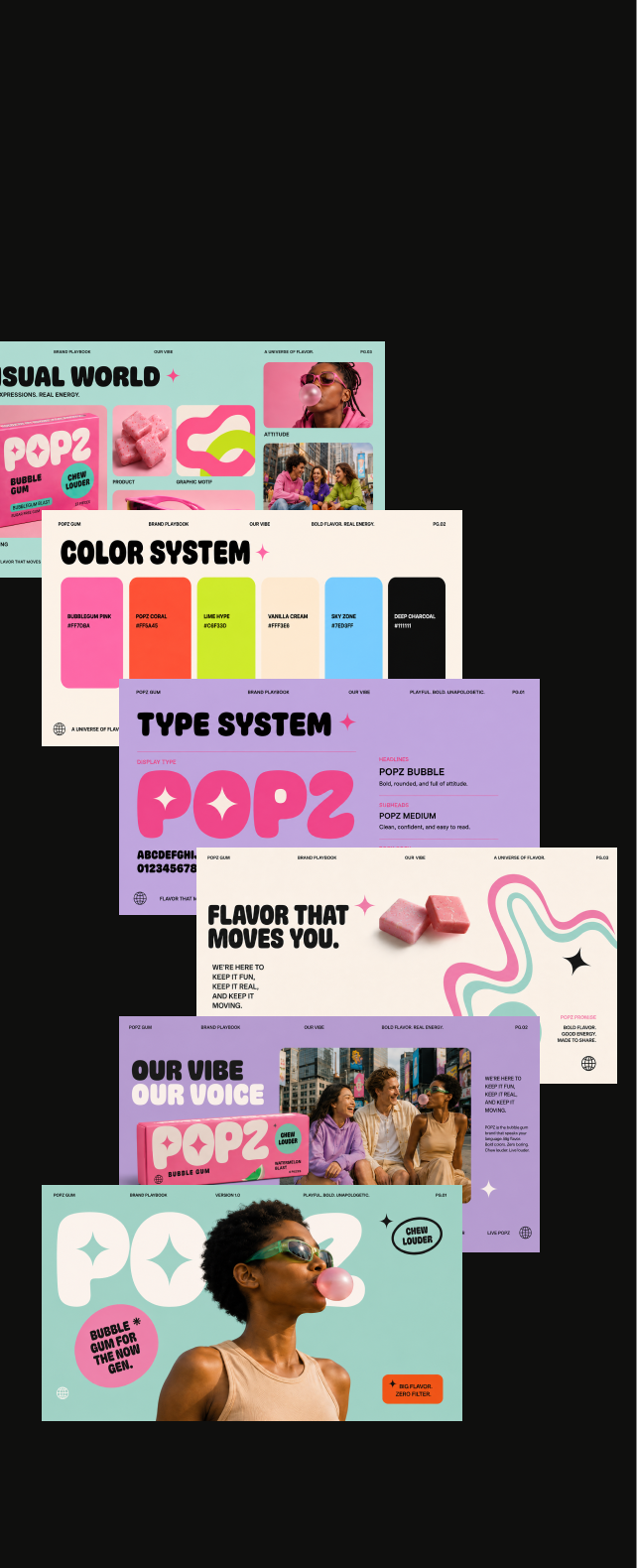Mehrere Seiten eines Brand Playbooks für "POPZ Bubble Gum" und dessen visuelle Identität. Farbpalette, Schriftarten und Bilder von Personen, die Kaugummi kauen, sind enthalten. Die Farbpalette umfasst Rosa, Orange, Grün, Creme, Blau und Schwarz.