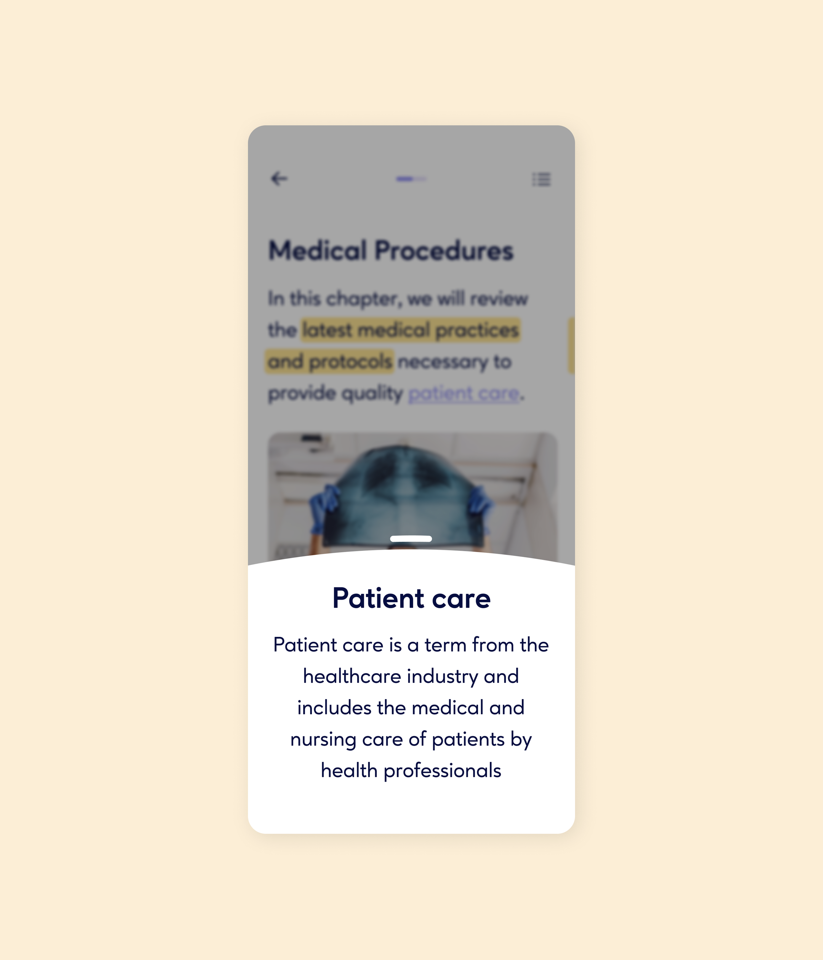 Mobile app interface displaying medical procedures and patient care information.