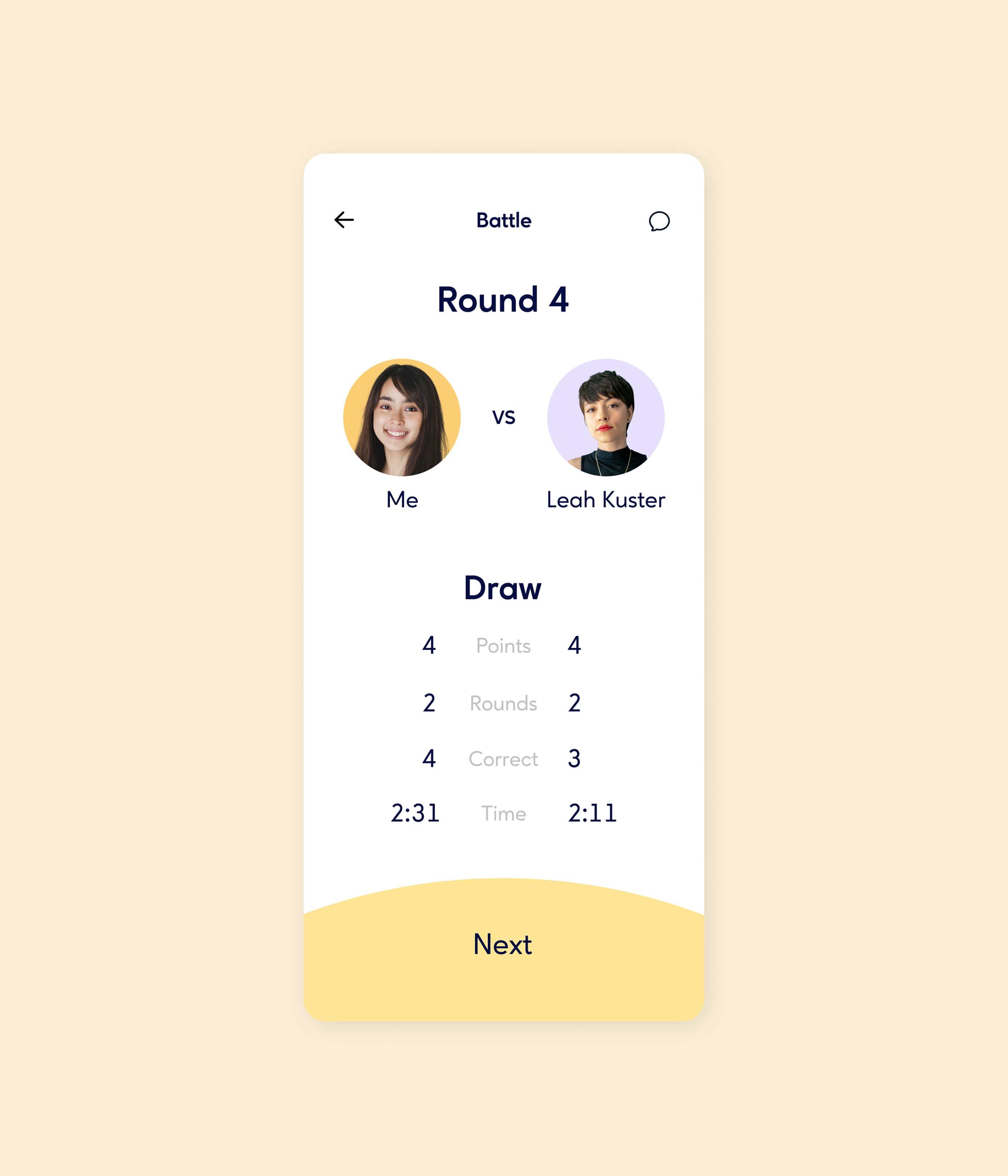Mobile app interface showing a game battle result.