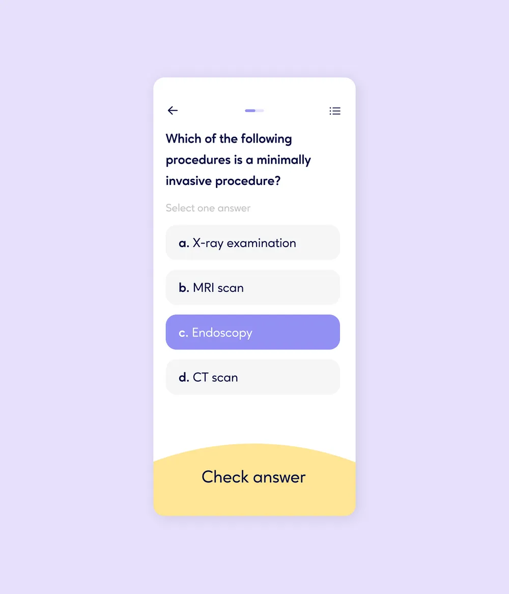 Mobile app interface showing a medical quiz question.
