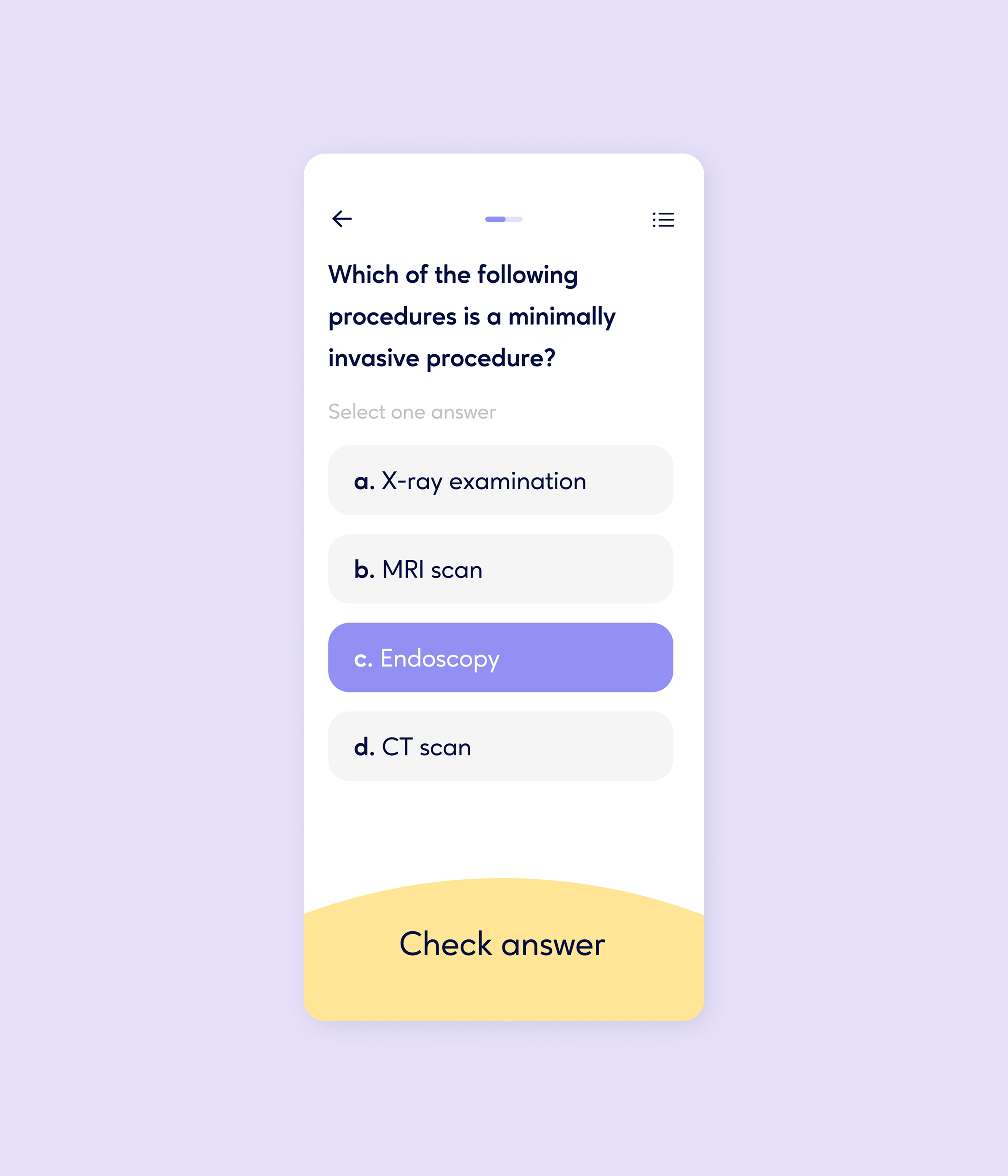 Mobile app interface showing a medical quiz question.