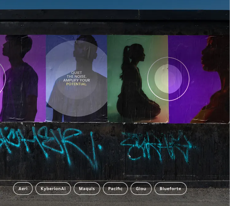Moreteil graffiti wall with modern posters depicting silhouetted figures in various positions against vibrant purple and green backgrounds, overlaid with concentric circles and the words 'QUIET THE NOISE. AMPLIFY YOUR POTENTIAL.' Graffiti at the bottom in blue spray paint. Names like Aeri and KyberionAI are shown in circles underneath.