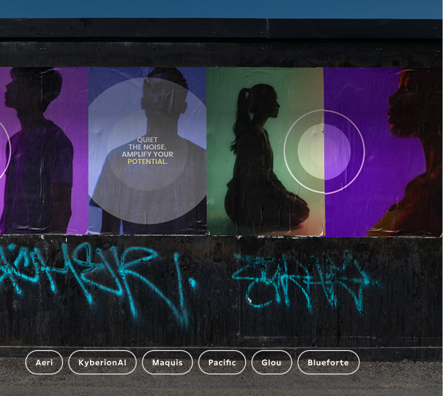 Moreteil graffiti wall with modern posters depicting silhouetted figures in various positions against vibrant purple and green backgrounds, overlaid with concentric circles and the words 'QUIET THE NOISE. AMPLIFY YOUR POTENTIAL.' Graffiti at the bottom in blue spray paint. Names like Aeri and KyberionAI are shown in circles underneath.