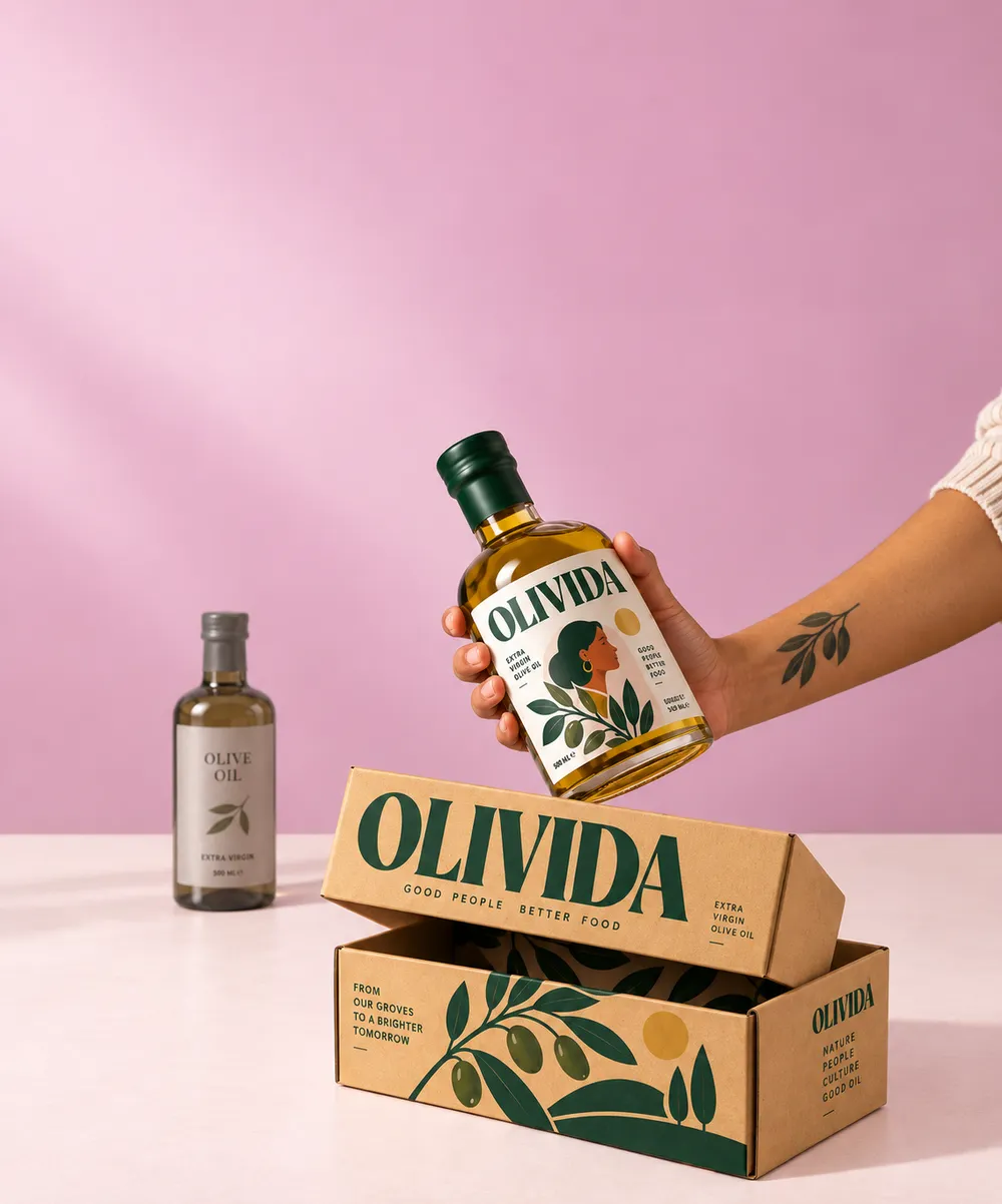 ブランドロゴとオリーブの枝のデザインが入った段ボール箱の上で、Olividaのエキストラバージンオリーブオイルのボトルを手に持っている人がいます。ピンクの背景の前に、もう1本のオリーブオイルのボトルが置かれています。