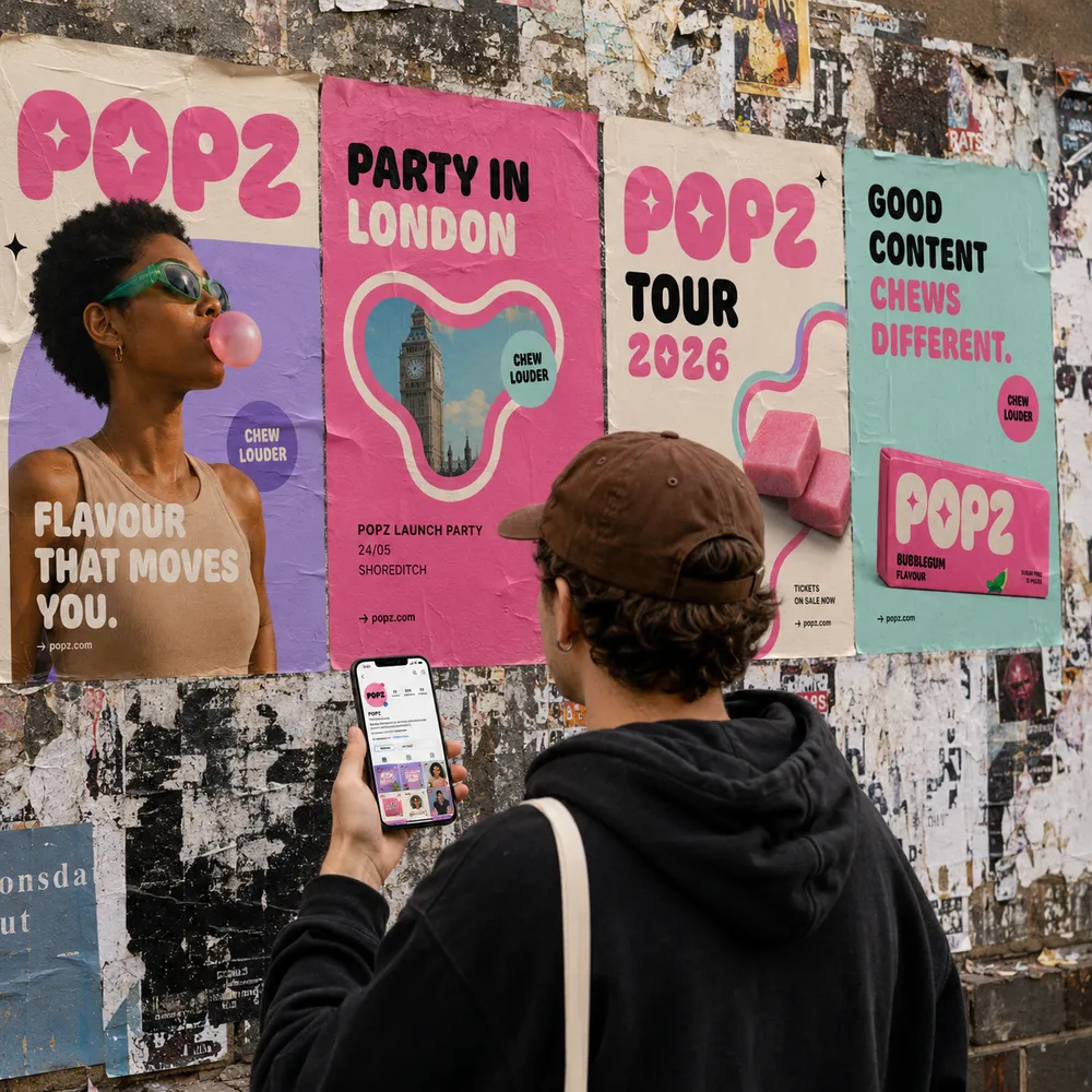 Person holding a phone, looking at a wall with colorful posters advertising 'POPZ' events and products, including a launch party in London and a 2026 tour.