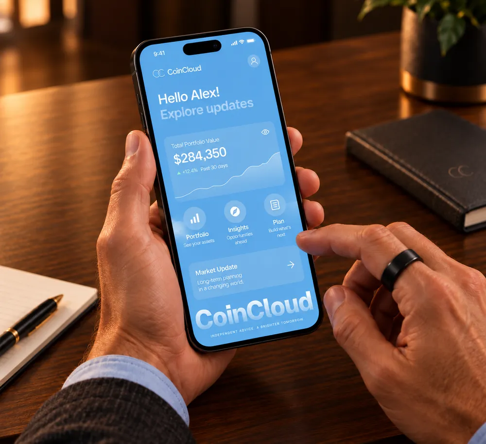 ポートフォリオの評価額が$284,350と表示された金融アプリを、スマートフォンで確認している人です。画面には「ポートフォリオ」「インサイト」「プラン」などの項目と、「マーケット最新情報」のセクションが表示されています。机の上には、ぼやけたメモ帳とペンが見えます。