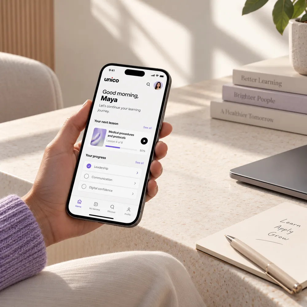 レッスンの進捗を表示する学習アプリが開いたスマートフォンを持つ人です。テーブルにはメモ帳、ペンと、『Better Learning』『Brighter People』『A Healthier Tomorrow』という題名の本があります。