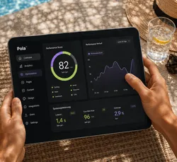 Person holding a tablet displaying a performance analytics dashboard, with metrics such as performance score of 82, system optimization, and a graph of performance over 30 days. Tablet is on top of a woven surface near a glass of water and sunglasses.