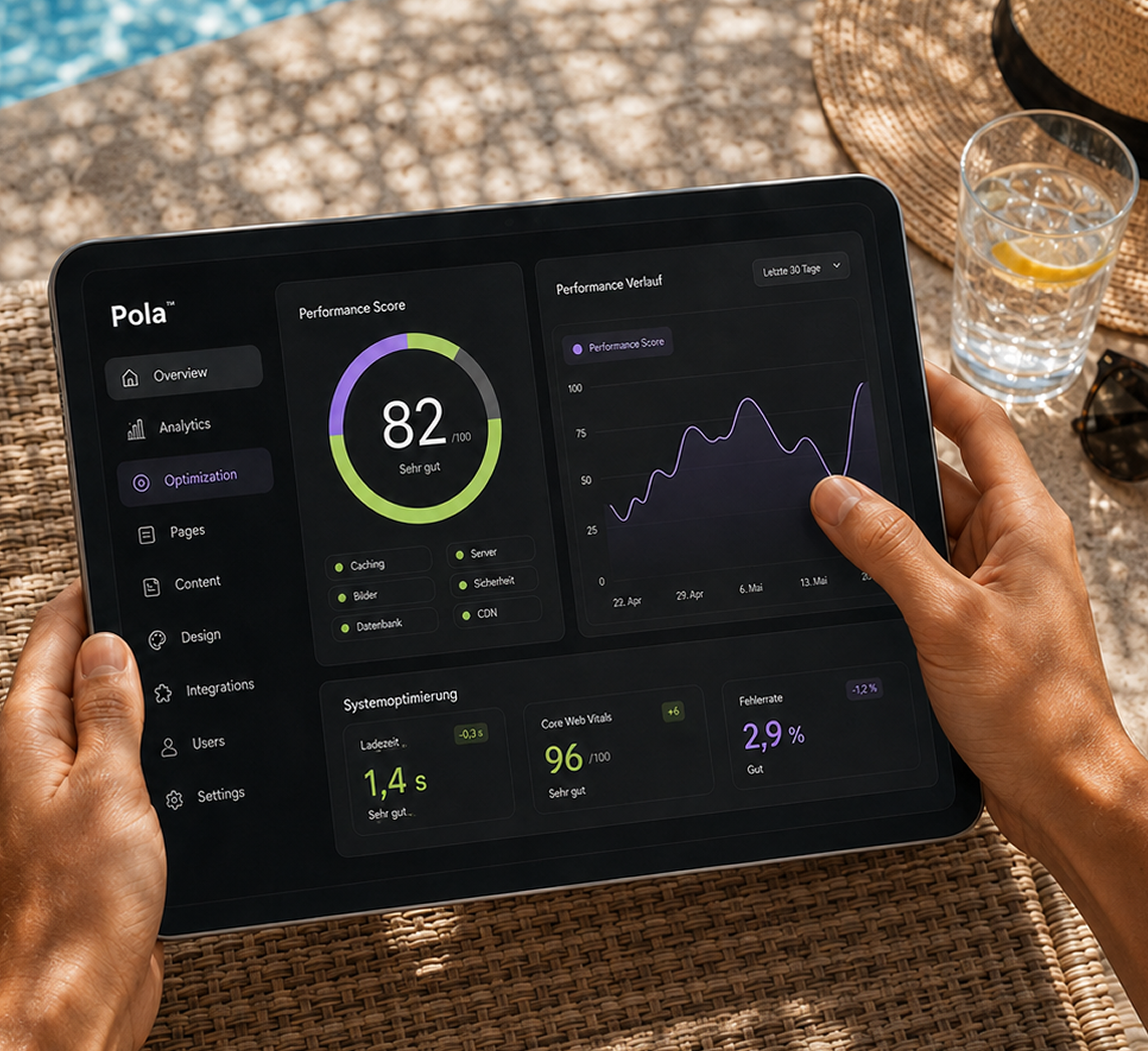 Person holding a tablet displaying a performance analytics dashboard, with metrics such as performance score of 82, system optimization, and a graph of performance over 30 days. Tablet is on top of a woven surface near a glass of water and sunglasses.