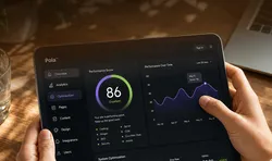 Person holding a tablet displaying a website optimization dashboard. The dashboard shows a performance score of 86 with a graph of performance over time. Menu options are visible on the left side.