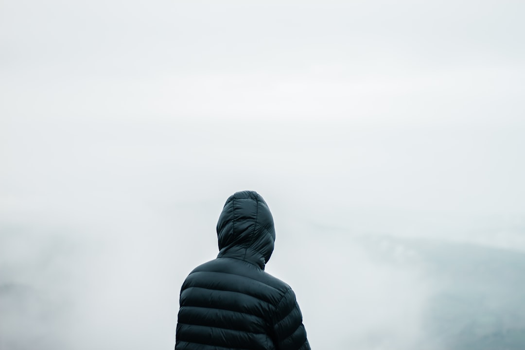 Person in a hooded jacket facing foggy landscape.