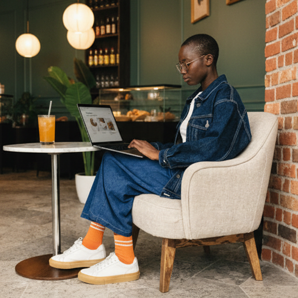 Person in denim outfit sits in a cozy cafe with a laptop on their lap, next to a table with an orange drink. The cafe has a brick wall and warm lighting.