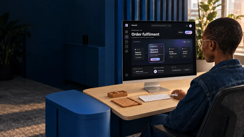人物がデスクに座り、'Order fulfilment'のワークフロー画面が表示されたパソコンを操作しています。部屋の壁や家具はダークブルーで、背景には植物があります。