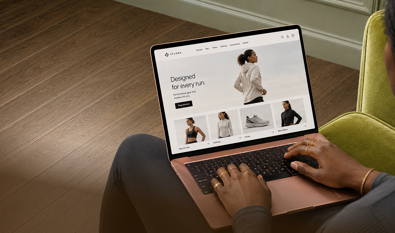 Person sitting on a green chair using a laptop. The screen displays an online store for athletic gear featuring images of clothing, shoes, and a woman in activewear.