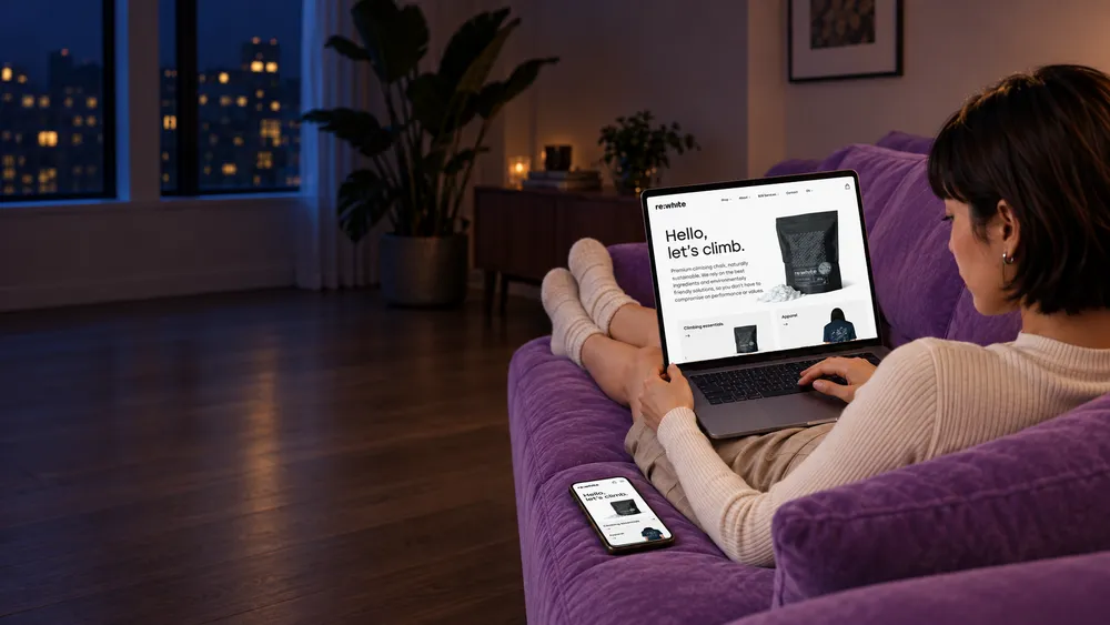 紫色のソファに座った人が、クライミング用品のウェブサイトを表示したノートパソコンの画面を見ています。ソファには、同じサイトを表示したスマートフォンも置かれています。薄暗い室内の奥には大きな窓があり、街の明かりが見えます。