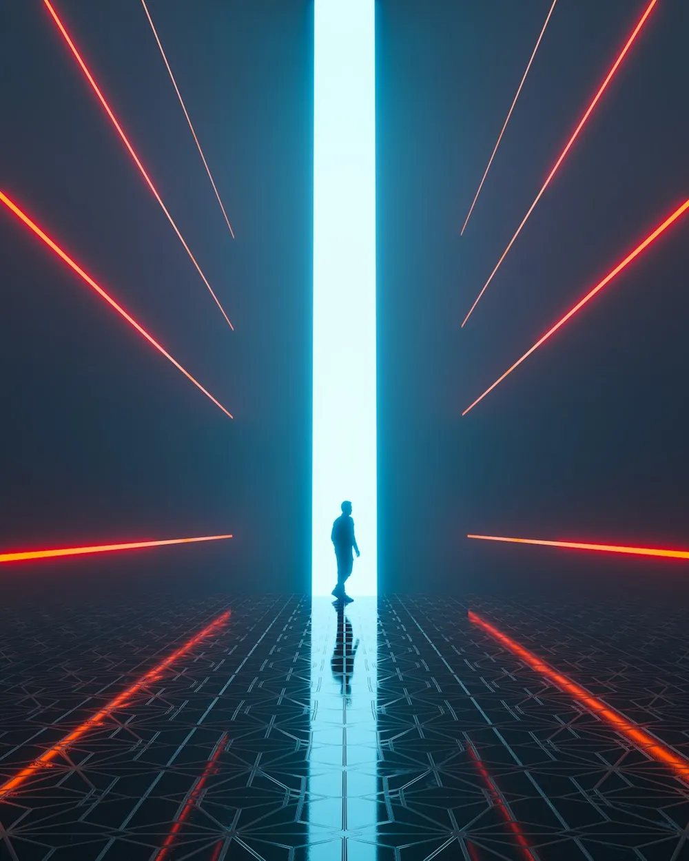 Personne debout dans un couloir futuriste avec des lumières néon.