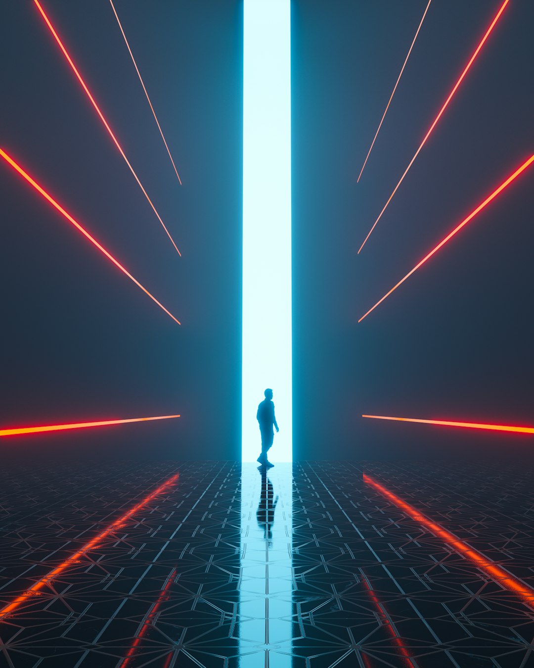 Person standing in a futuristic corridor with neon lights.