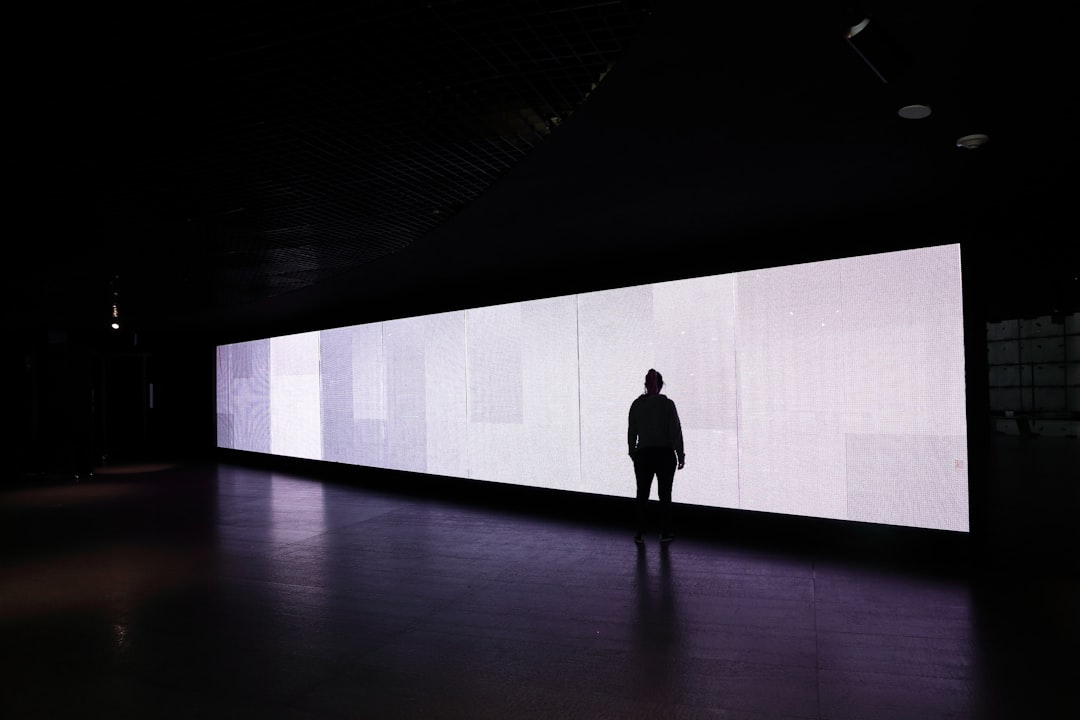 Person standing in front of a large illuminated screen in a dark room.