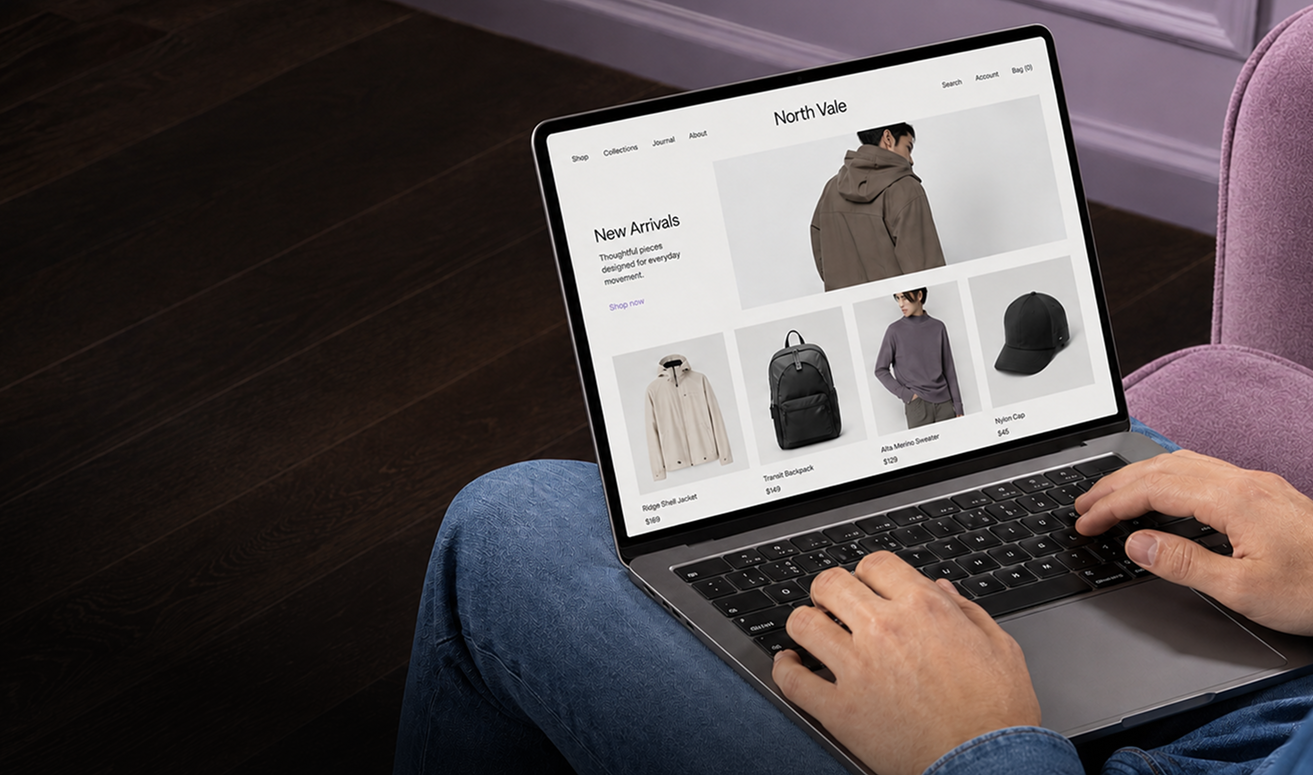Person using a laptop displaying a shopping website. The website features clothing items including a jacket, a backpack, a sweater, and a cap, under the brand name 'North Vale'.